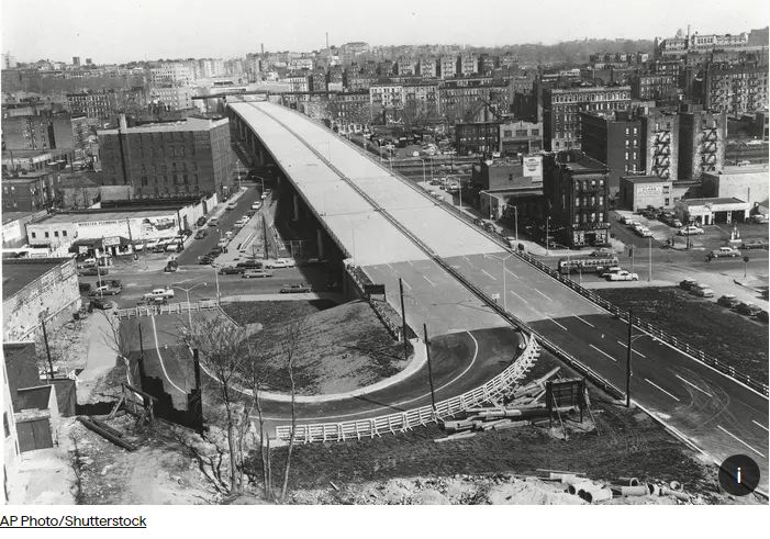 Photo from Gothamist article with an aerial view showing the Cross-Bronx Expressway in 1960