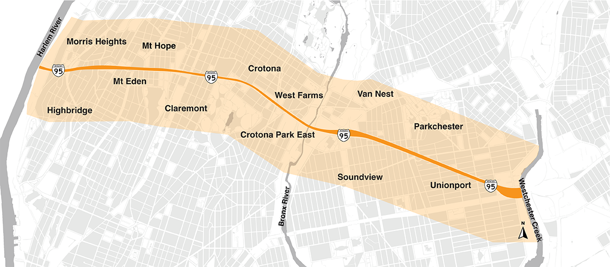 Map of the project area around the Cross Bronx Expressway, including the following neighborhoods in the Bronx: Morris Heights, Mt. Hope, Crotona, West Farms, Van Nest, Parkchester, Unionport, Soundview, Cortona Park East, Claremont, Mt. Eden, and Highbridge.