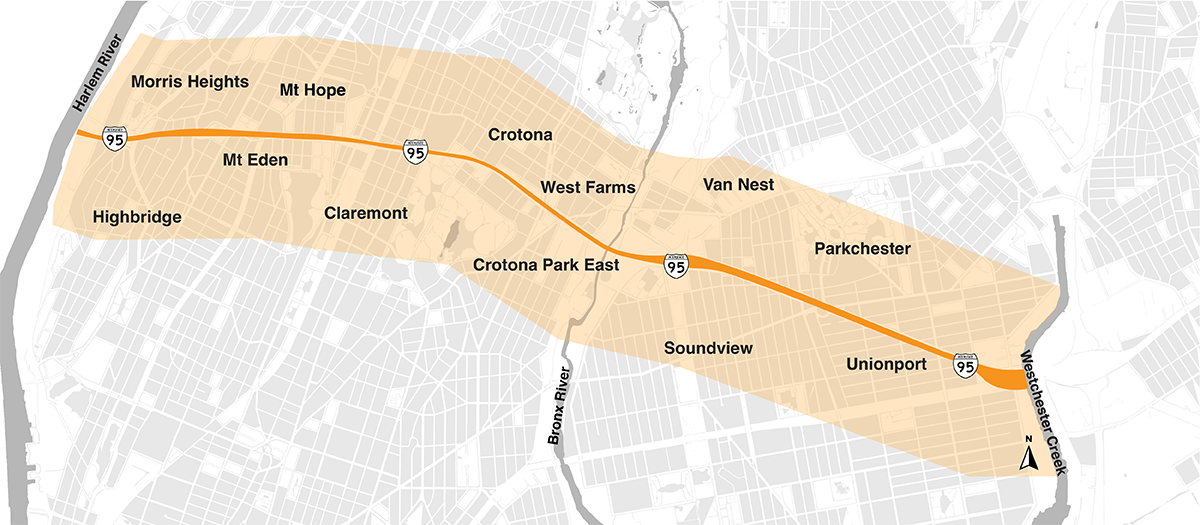 Mapa del área del proyecto alrededor de Cross Bronx Expressway, incluidos los siguientes vecindarios en el Bronx: Morris Heights, Mt. Hope, Crotona, West Farms, Van Nest, Parkchester, Unionport, Soundview, Cortona Park East, Claremont, Mt. Eden, and Highbridge.